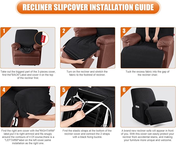 VANSOFY Recliner Chair Cover, 3-Pieces Stretch Recliner Covers for Recliner Chair Soft Reclining Chair Slipcover Furniture Protector for Dogs Cats(Black)