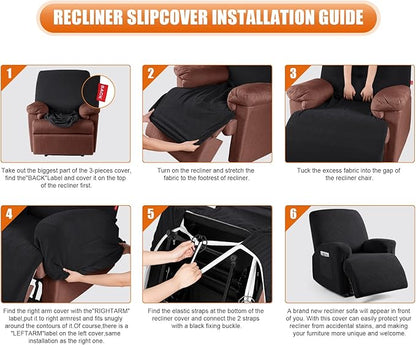 VANSOFY Recliner Chair Cover, 3-Pieces Stretch Recliner Covers for Recliner Chair Soft Reclining Chair Slipcover Furniture Protector for Dogs Cats(Black)