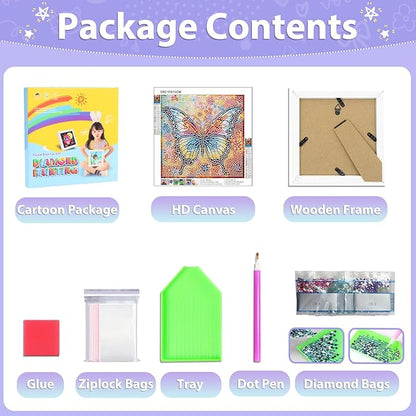 hkejoi Butterfly Diamond Art Painting Kits for Kids with Frame,Butterfly Diamond Art for Kids Ages 4-6-8-12,Easy Kids Gem Art Kit with Cartoon Box for Gift Home Wall Decor 7x7 inch