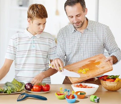Kids Safe Knives Set, 30 Pieces Kids Wooden Kitchen Knife Kits for Real Cooking with Cutting Board, Peeler, Potato Slicer, Fruit Cutters Shapes and Fork Picks, Dishwasher Safe