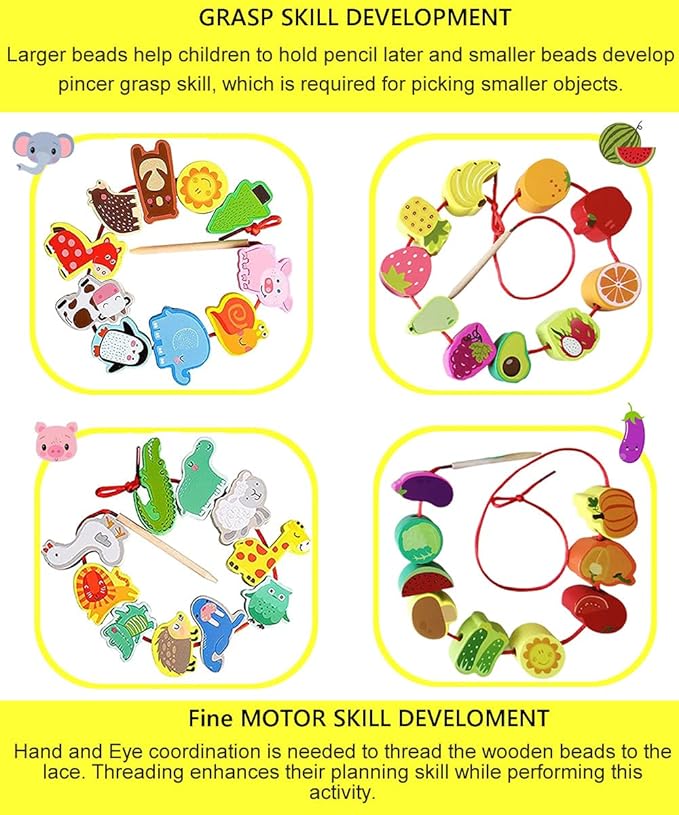 BMTOYS Montessori Educational Threading Toys Wooden Stringing Farm Animals Fruits Lacing Beads Preschool Toy for Toddler 3 4 5 Year Old Boys Girls
