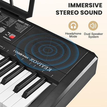 61 Key Electronic Keyboard Piano for Beginners, 200 Tones & Rhythms, with H Stand, Stool, Headphones, Microphone, Piano Note Stickers