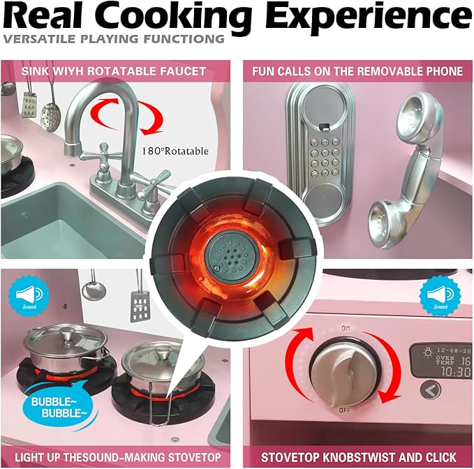 TaoHFE LED Upgrade Kitchen Set for Kids Wooden Play Kitchen LED Gas Tray with Sound Toy Kitchen Sets for Girls Gift Enjoy Cooking with Lights and Sounds Pink Kitchen for Toddlers Kids Kitchen Playset