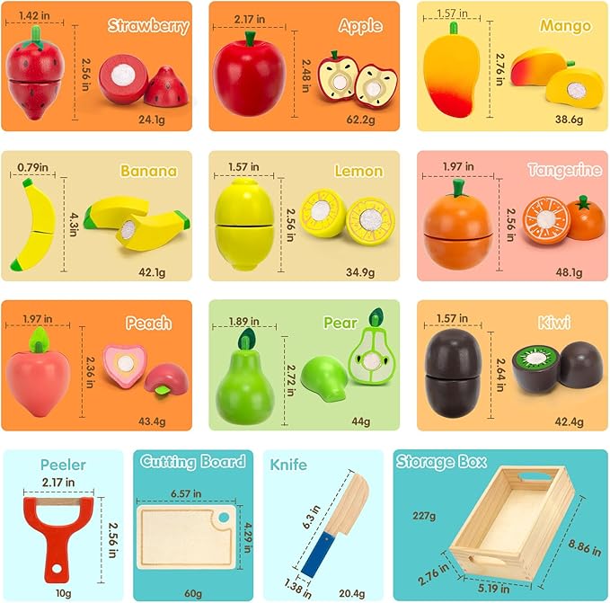 Wooden Play Food Set for Toddlers Toys Pretend Play Kitchen Accessories Fruit Cutting Set for Kids Gift for Boys Girls Montessori Educational Toys