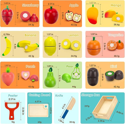 Wooden Play Food Set for Toddlers Toys Pretend Play Kitchen Accessories Fruit Cutting Set for Kids Gift for Boys Girls Montessori Educational Toys