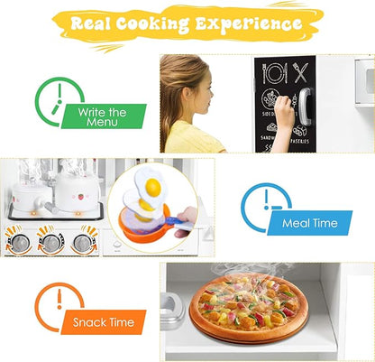 Mayjooy Kids Kitchen Playset, Wooden Play Kitchen w/7 Accessory Utensils, Blackboard, Sink, Stovetop, Sink, Cabinets, Fridge, Simulated Sound & Lights, Pretend Play Kitchen Set for Toddlers Boys Girls