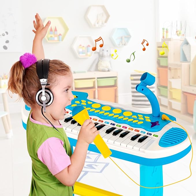 Costzon 31-Key Kids Piano Keyboard Toy, Toddler Electronic Musical Instrument Educational Toy w/Microphone, Multiple Sounds, Record Playback, Lights & Stool, Birthday Gift for Girls Boys Age 3+, Blue