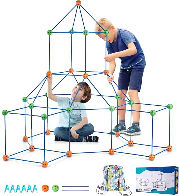 VEVOR Fort Building Kit for Kids, 120PCS STEM Building Toys, Educational Gift for 4 5 6 7 8+ Year Old Boys & Girls, Indoor Outdoor Play Tent Builder Set Construction Toys with 80 Rods and 40 Balls