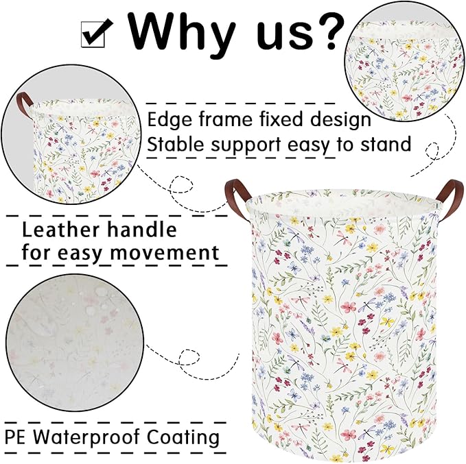 Flower Laundry Hamper,Nursery Hampers,Waterproof folding Boho Flower Plants Kid Laundry Hamper with Handle,Clothes Organizer Basket,Gift Baskets,Room Decor(Butterfly flowers)