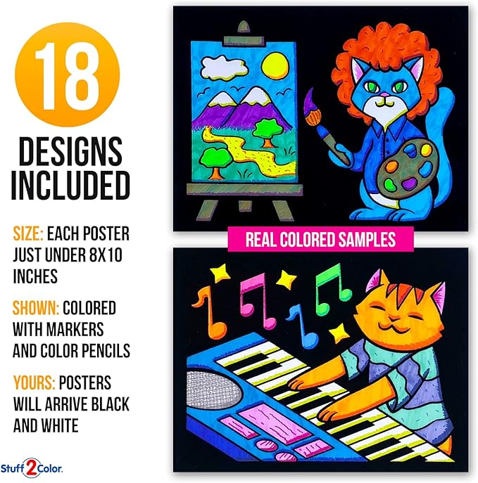 Super Pack of 18 Fuzzy Coloring Posters (Silly Kitties Edition) - Arts & Crafts for Kids, Toddlers, Girls, Boys & Adults - Great for Family Fun Activities or Coloring with Friends (1 Pack)