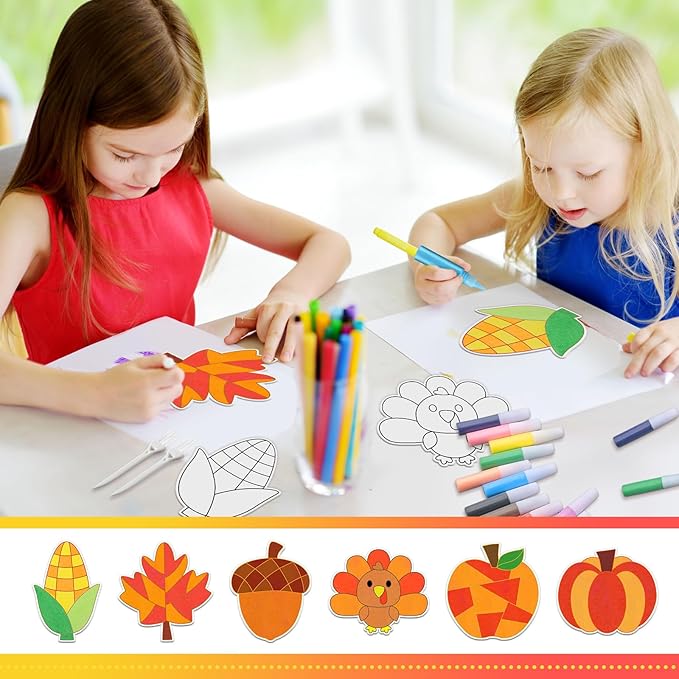 24 Sets Thanksgiving Sand Art Craft Kit for Kids Turkey Maple Leaf Pumpkin Fall DIY Sand Painting Kit with Colored Sand Brushes Make Your Own Sand Art for Thanksgiving Party Home Activities