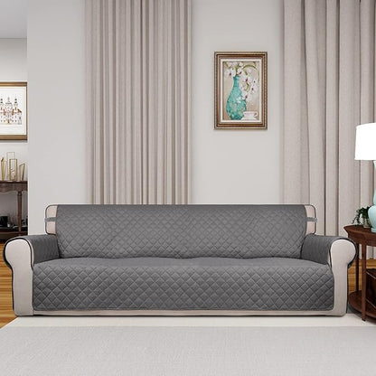 PureFit Reversible Quilted Sofa Cover, Water Resistant Slipcover Furniture Protector, Washable Couch Cover with Non Slip and Elastic Straps for Kids, Dogs, Pets (XX Large, Gray/Gray)