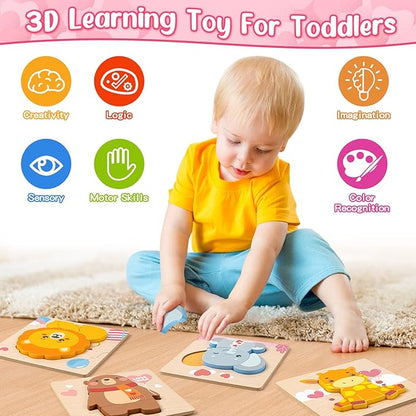 Wooden Puzzles for Toddlers 1-3, 4 Pack Wooden Puzzles with Animals Design, Birthday Gift for Boys Girls, Kids Party Favors Gifts - Educational Preschool Classroom Toys