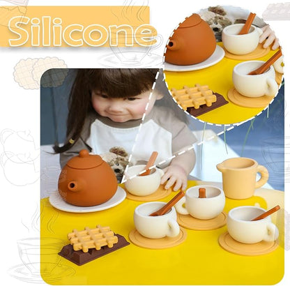 Silicone Tea Party Set, Toy Tea Set for Girls Kids ToddlersTea Set with Tea Pot Cups Food(Chocolate and Waffles), Pretend Play Kitchen Accessories(Brown)