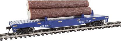 Walthers Trainline HO Scale Model Log Dump Car with 3 Logs - Ready to Run Alaska Railroad #17102 (Blue, Yellow Conspicuity Marks)