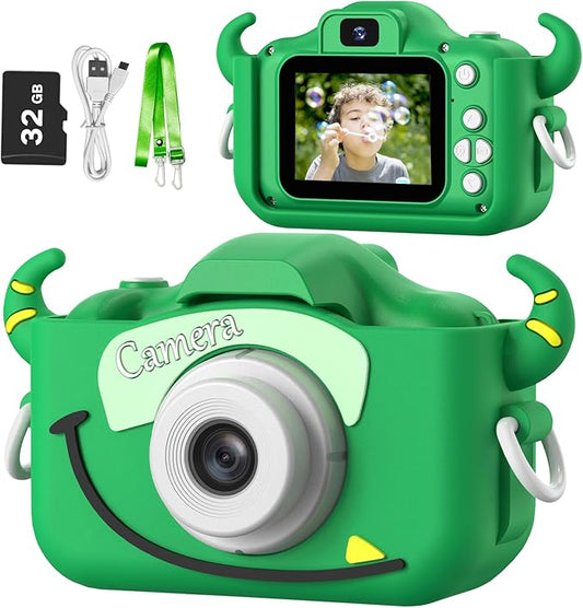 Goopow Kids Camera Toys for 3-8 Year Old Girls Boys,Children Digital Video Camcorder Camera with Cartoon Soft Cover, Best Chritmas Birthday Festival Gift for Kids - 32G SD Card Included (Green-NJ)