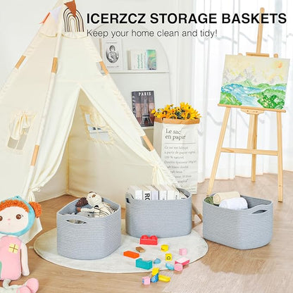 ICERZCZ Storage Baskets for Organizing Shelves, Woven Cotton Rope Bins for Baby Nursery Organization, Book Toy Towel Organizer, 15"x11"x9.5", 3 Packs, Grey