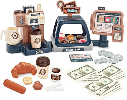 Pretend Role Play Toy Kids Coffee Maker Playset, ACROFEK Toy Coffee Maker with Sound Light, Play Coffee Maker Set for Kids with Fake Donuts (41PCS)