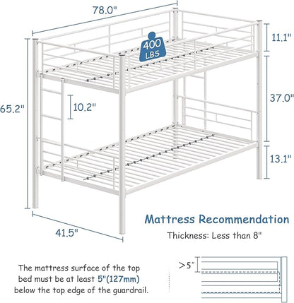 VECELO Twin Over Twin Bunk Bed with Built-in Ladder and Safety Guardrail, Heavy Duty Metal Bunkbeds, Space Saving, No Box Spring, White