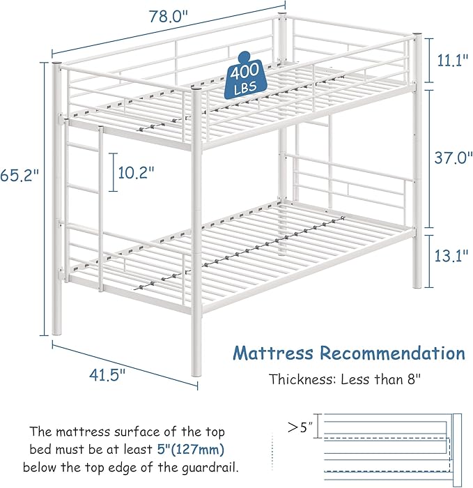 VECELO Twin Over Twin Bunk Bed with Built-in Ladder and Safety Guardrail, Heavy Duty Metal Bunkbeds, Space Saving, No Box Spring, White