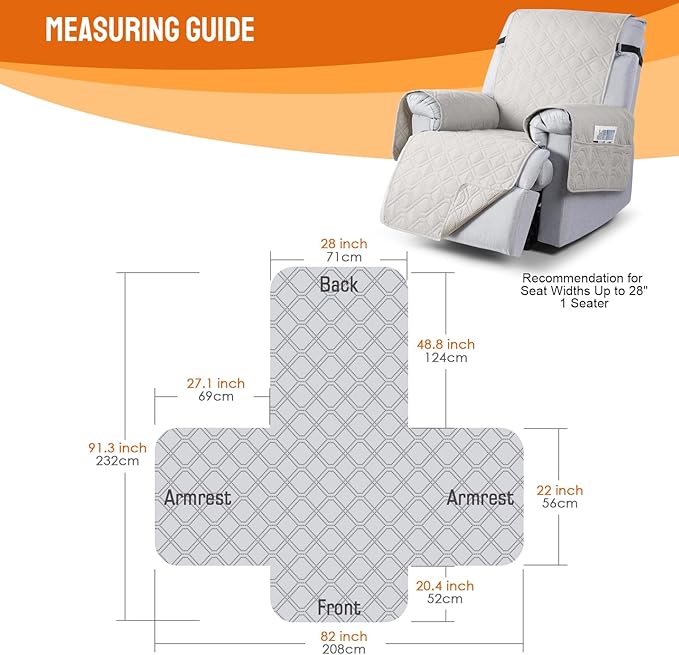 VANSOFY 100% Waterproof Recliner Chair Covers, Recliner Cover Non-Slip Dog Chair Cover Furniture Protector Washable Slipcover with Pocket, Elastic Straps for Pets, Dogs(Off White, 28")