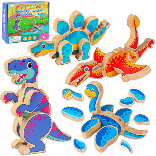 Dinosaur Building Blocks Set, Wooden Dino Blocks, Magnetic Dinosaur Builders, STEM Take Apart Dinosaurs Playset, Montessori Fine Motor Skills Educational Learning Toy Gift for 3 4 5 Years Kids