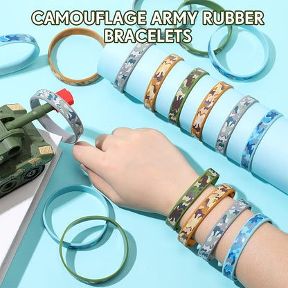 Inbagi 100 Pcs Camouflage Army Rubber Bracelets Camouflage 4 Styles Assorted Wristbands Camo Military Stretch Rubber Bracelets for Men Kids Women Army Party Gifts Birthday Party Decorations Supplies