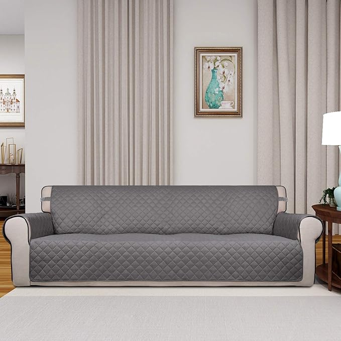 PureFit Reversible Quilted Sofa Cover, Water Resistant Slipcover Furniture Protector, Washable Couch Cover with Non Slip and Elastic Straps for Kids, Dogs, Pets (XX Large, Gray/Light Gray)