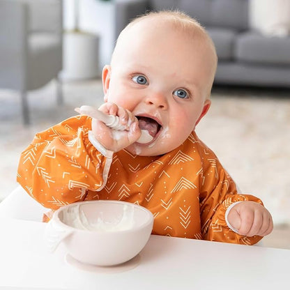 Bumkins Baby Bowl, Silicone Feeding Set with Suction for Baby and Toddler, Includes Spoon and Lid, First Feeding Set, Training Essentials for Baby Led Weaning for Babies 4 Months Up, Sand