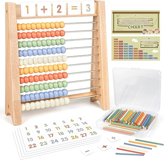 Abacus for Kids Math - Wooden Abacus with 100 Counting Sticks and 112 Math Cards, Counting Toys for Preschool Learning, Educational Math Toys for Developing Fine Motor Skills, Math Calculation