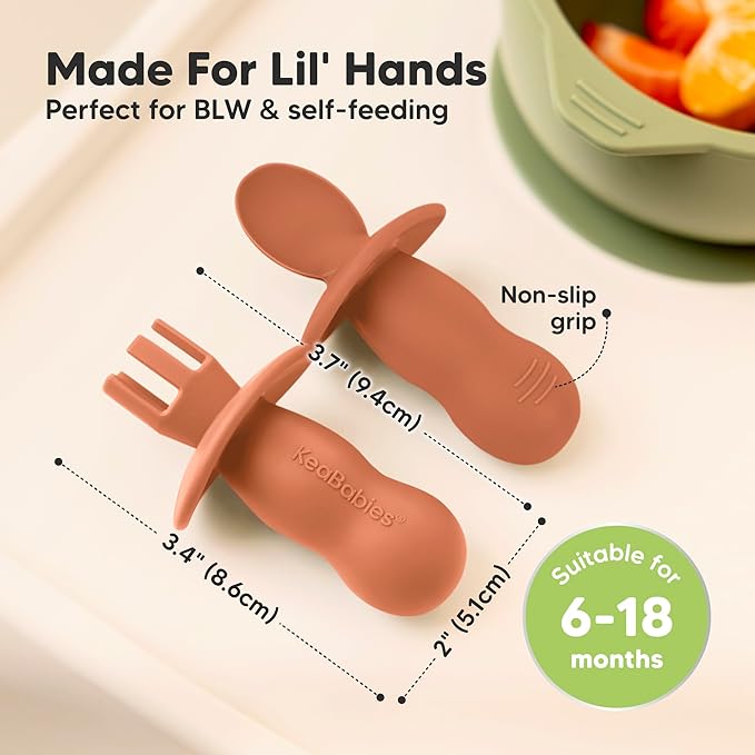 KeaBabies 4-Pack Silicone Baby Spoons and Forks Set - Baby Spoon Self Feeding, BLW Baby Utensils 6-12 Months, Baby Led Weaning Feeding Spoon,Teething Infant Baby First Food Training Spoon (Terracotta)