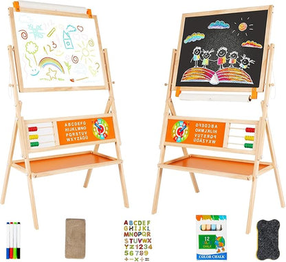 3-in-1 Wooden Easel for Kids, Toddle Double-Sided Easel with Magnetic Whiteboard and Painting Blackboard, 360° Rotatable, Paper-roll Holder, Storage Tray, and Stickers Included