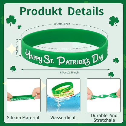JUNEBRUSHS 24pcs St. Patrick's Day Party Favors Silicone Bracelets Green Clover Shamrock Rubber Wristbands Adults St. Patrick's Day Party Ireland Spring Holiday Decorations Gift (8 Designs)