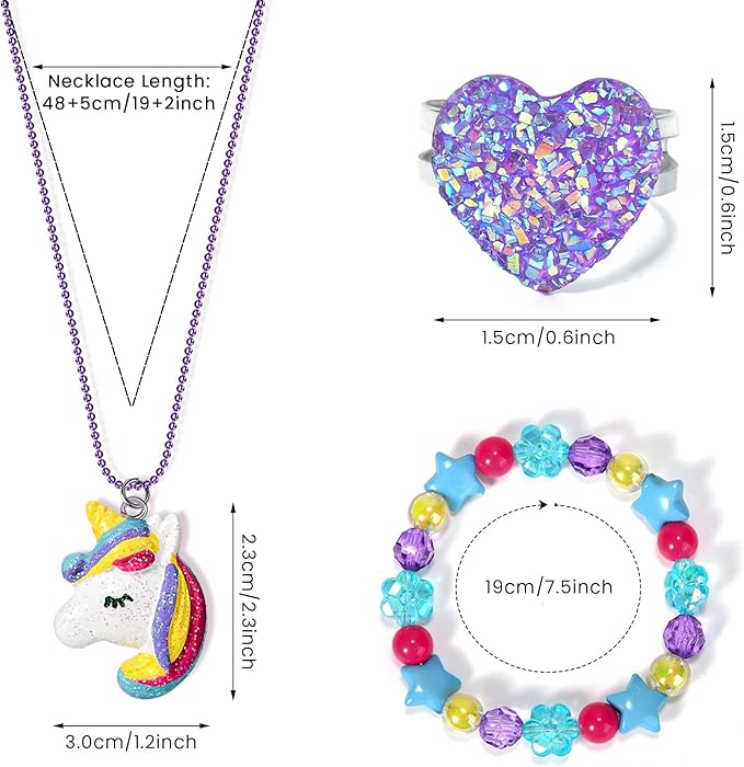 Lorfancy 18 PCS Kids Jewelry for Girls Bracelets Necklaces Rings Set Toddler Unicorn Butterfly Beaded Bracelet adjustable colorful Friendship Dress up Jewelry Gifts (A)