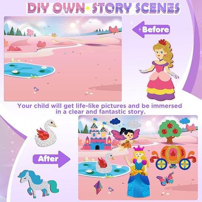 URMYWO Fun Foil Art Craft Supplies Kits, Princess Arts and Crafts for Kids Ages 4-8, No Mess DIY Creative Activity Sticker & Coloring Books, Travel Toys, Gifts for 4 5 6 7 8 9 10 Year Old Girls Boys