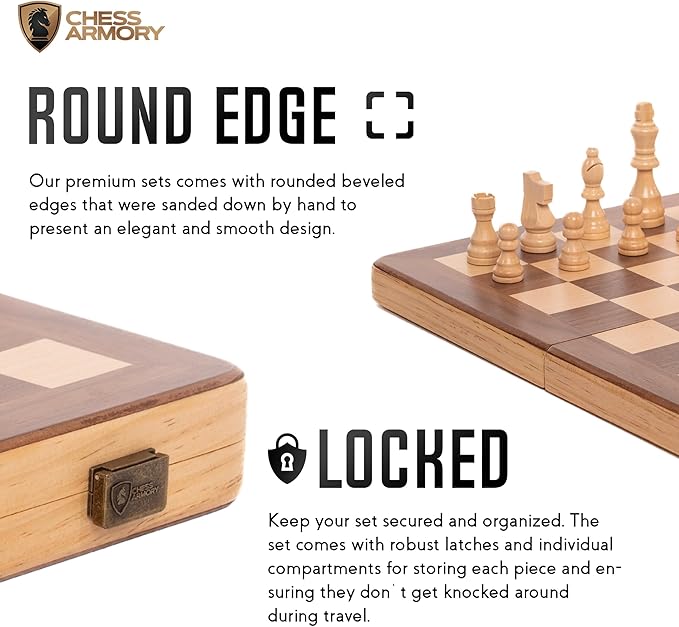 15 Inch Magnetic Wooden Chess Set for Adults & Kids - Folding Travel Chess Board with Handcrafted Staunton Pieces, Extra Queens, and Storage Slots