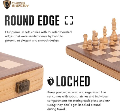 15 Inch Magnetic Wooden Chess Set for Adults & Kids - Folding Travel Chess Board with Handcrafted Staunton Pieces, Extra Queens, and Storage Slots
