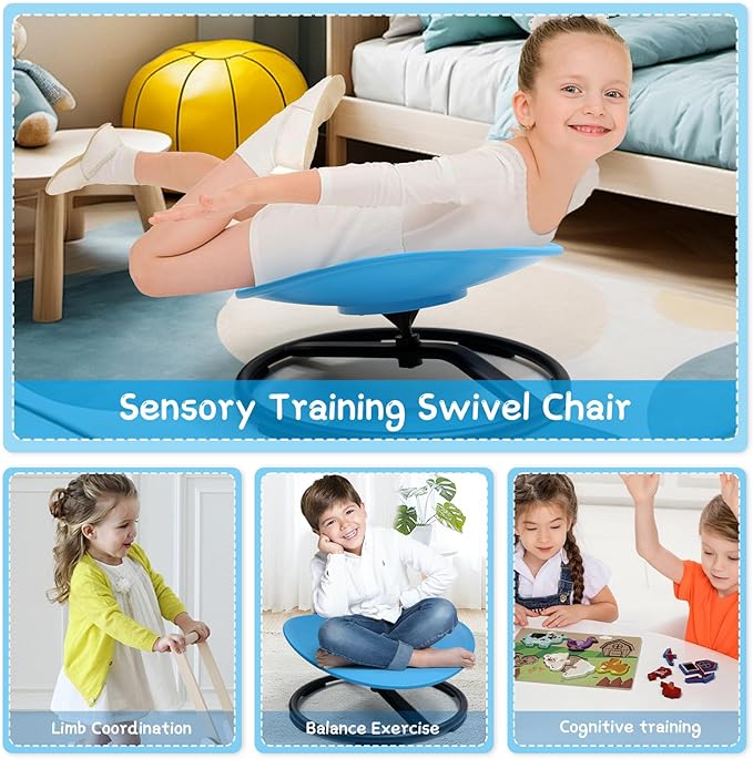 Kids Sensory Swivel Chair, Sensory Spin Chair for Autism Kids, Body Coordination Training Chair, Spin Seat, Metal Base, Non-Slip Design