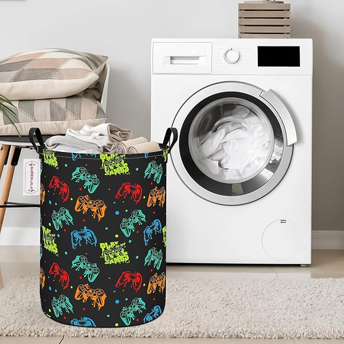 QUEENLALA Large Storage Basket,Laundry Hamper/Bathroom/Home Decor/Collapsible Round Storage Bin,Boys and Girls Hamper/Boxes/Clothing(Round-Black Game)