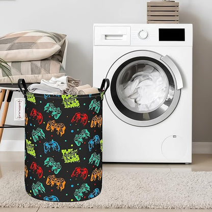 QUEENLALA Large Storage Basket,Laundry Hamper/Bathroom/Home Decor/Collapsible Round Storage Bin,Boys and Girls Hamper/Boxes/Clothing(Round-Black Game)