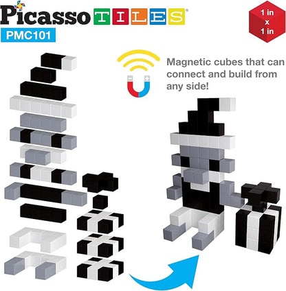 Picasso Cubes 1” Magnetic Puzzle Cube 101 pcs Black and White Magnet Construction Building Block Set Sensory Toy Early Education STEM Learning, Free Ideabook with 53 Ideas, Children Age 3+ Boy Girl