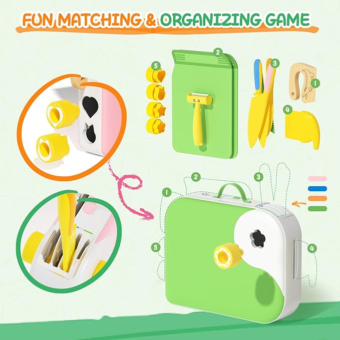 Kids Kitchen Knife Set for Real Cooking with Storage Box Green, Montessori Kitchen Toy with Cutting Board, Plastic Toddler Knives, Peeler, Wooden Safe Knife for Age 3 4 5 6 7 8
