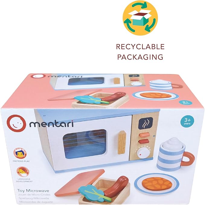 Mentari Toys - Toy Microwave - 9pc Wooden Microwave Set with Pretend Play Food - Kids Role Play Kitchen Accessories - Improve Social and Communication Skills - Sparks Creativity - Age 3+