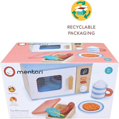 Mentari Toys - Toy Microwave - 9pc Wooden Microwave Set with Pretend Play Food - Kids Role Play Kitchen Accessories - Improve Social and Communication Skills - Sparks Creativity - Age 3+