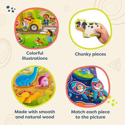 B. toys- Peek & Explore 5-Pack: Bus, Farm, Sea, Space, Dino- Chunky Puzzle 5-Pack – Wooden Puzzles– 8 Pieces Each – 2 Years +
