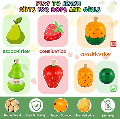 LOOIKOOS Wooden Play Food for Toddlers, Montessori Toys for 3 4 5 Years Old Pretend Cutting Fruits Set for Toddlers Play Kitchen Gift for Kids Educational Toy
