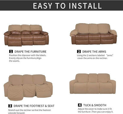 Easy-Going 8 Pieces Microfiber Stretch Sectional Recliner Sofa Slipcover Soft Fitted Fleece 3 Seats Couch Cover Washable Furniture Protector with Elasticity for Kids Pet(Recliner Sofa, Camel)