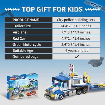 City Police Truck and Trailer Building Sets, Compatible with Lego Police Car with Tow Truck, Helicopter, Car, Motorcycle, Police Chase Building Blocks Toy Set Gift for Boys Aged 6-12, 509 PCS