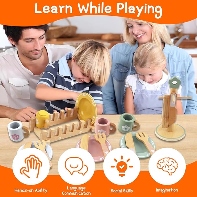 Play Dishes for Kids Kitchen, Wooden Play Kitchen Accessories, Play Plates and Cups for Kids Kitchen , Play Kitchen Dishes for Toddlers Boys and Girls 3 4 5 6