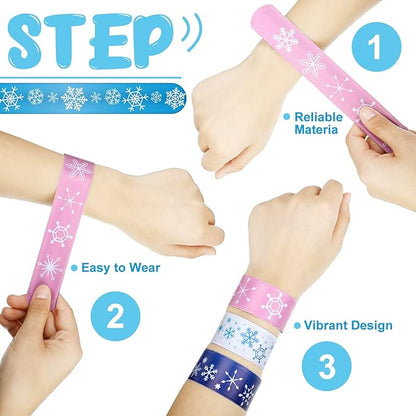 48 Pieces Snowflake Slap Bracelet Winter Theme Snowman Snap Bracelet Kids Party Favors Classroom Prizes Kids Bracelet Slap Bracelets Wristbands for Kids Children Winter Party, 12 Styles (Snowflake)